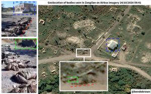 Benjamin Strick @BenDoBrown · Oct 30 Geolocation of footage which shows bodies, some handcuffed, others unclothed, in Zəngilan, #Karabakh. Satellite imagery dated 24/10/2020 appears to show line where bodies were seen in footage, here: https://goo.gl/maps/haxCTFVBD3byPQ1m6…. With @atanessi . Imagery from @airbus via @sbreakintl .